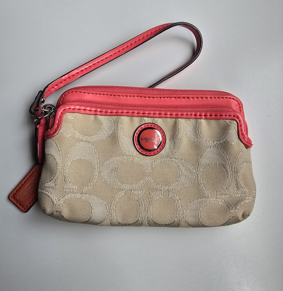 Coach Coral Pink/ Tan Signature Wristlet